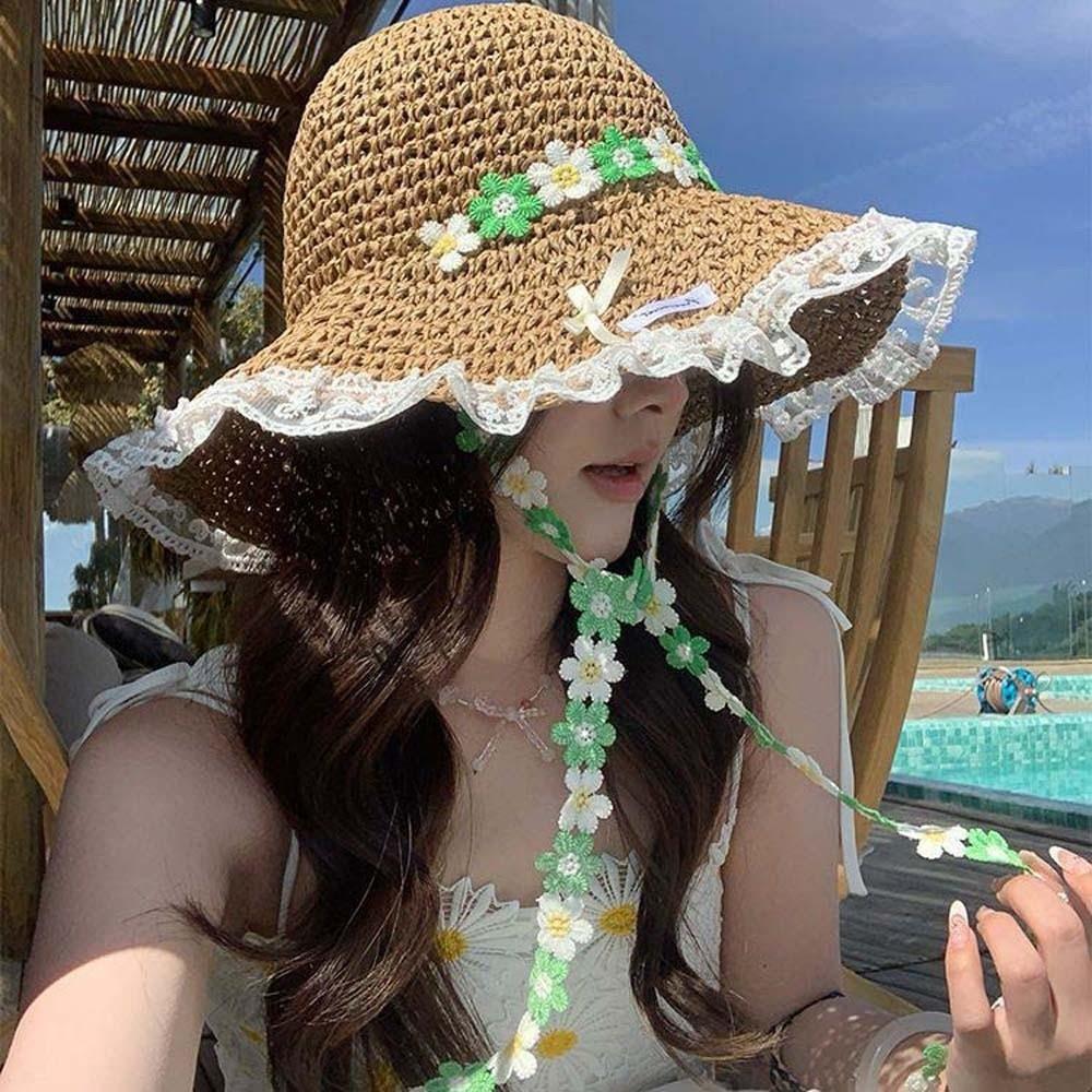 With Garland Vacation Beach Cap Lightweight Woven Sun Cap Live Show Big Brimmed Straw Hat  Daily