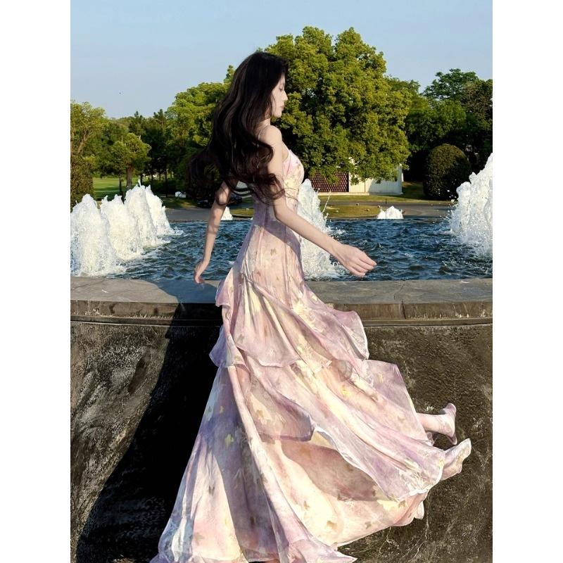 French romantic purple lotus leaf edge suspender dress women's summer high-end seaside vacation dress long skirt