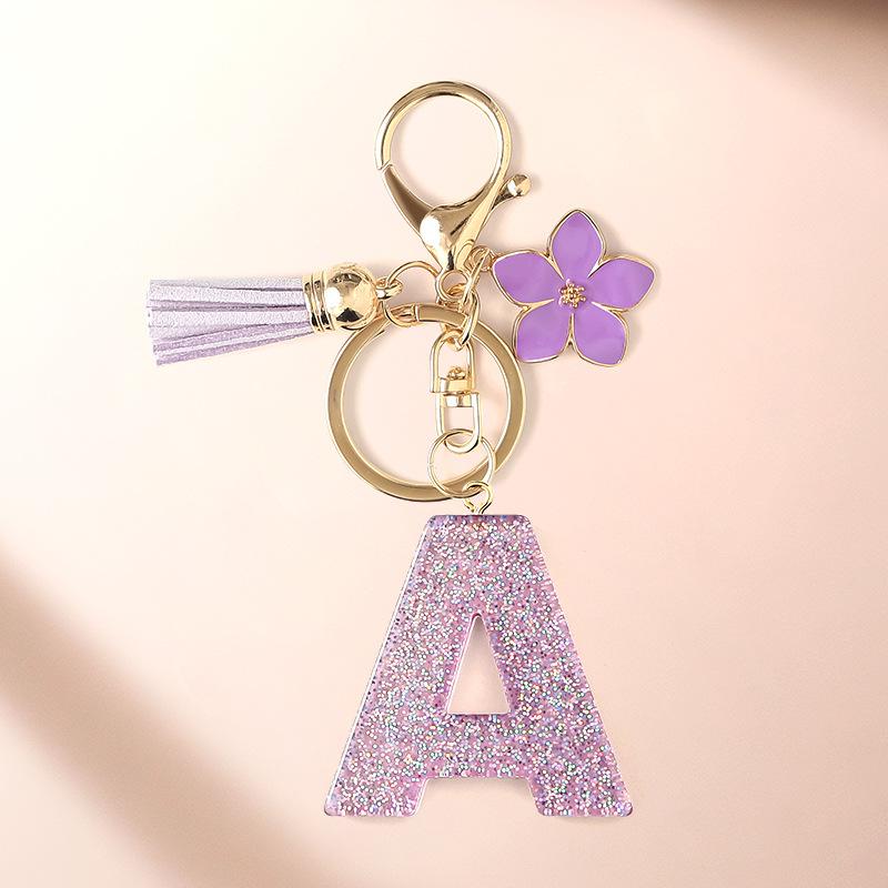 Flash Powder 26 English letters, diy, Resin keychain, purple flower, pendant, bag pendant, keychain, Christmas gift, Stocking stuffers