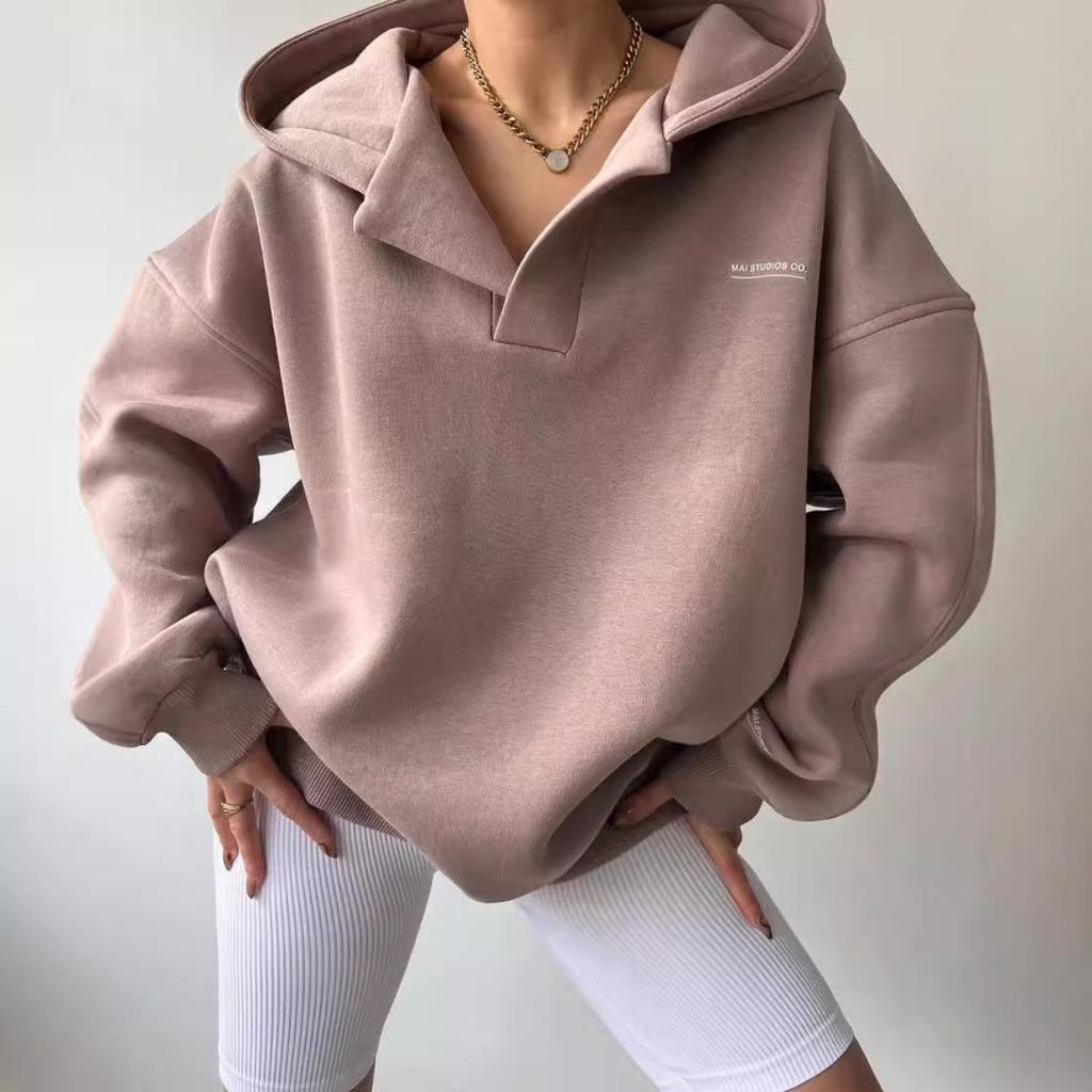 Women's Hood Neck Long Sleeve Fleece Lined Hoodie Loose Fit Daily Commuter Casual Pullover Sweatshirt
