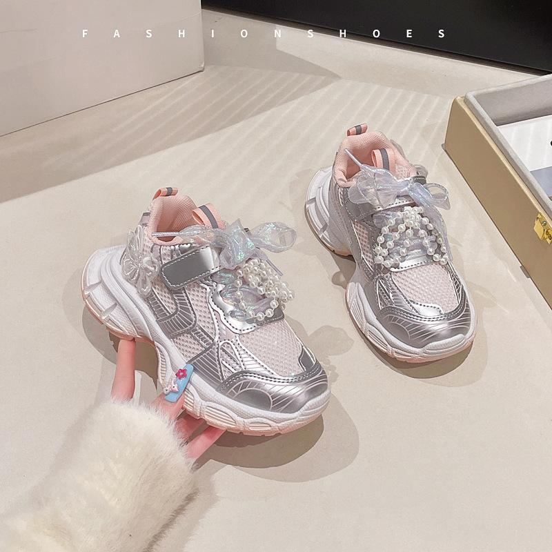 Girls cute sneakers 2025 spring and autumn new mesh pearl national style bow dad shoes running shoes tide