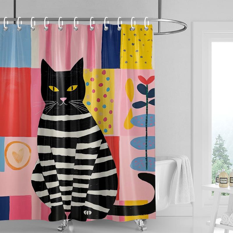 Pink Cat Shower Curtain, Black Spots & Multicolor Dots Design, Waterproof Bathroom Decor For Modern & Playful Homes