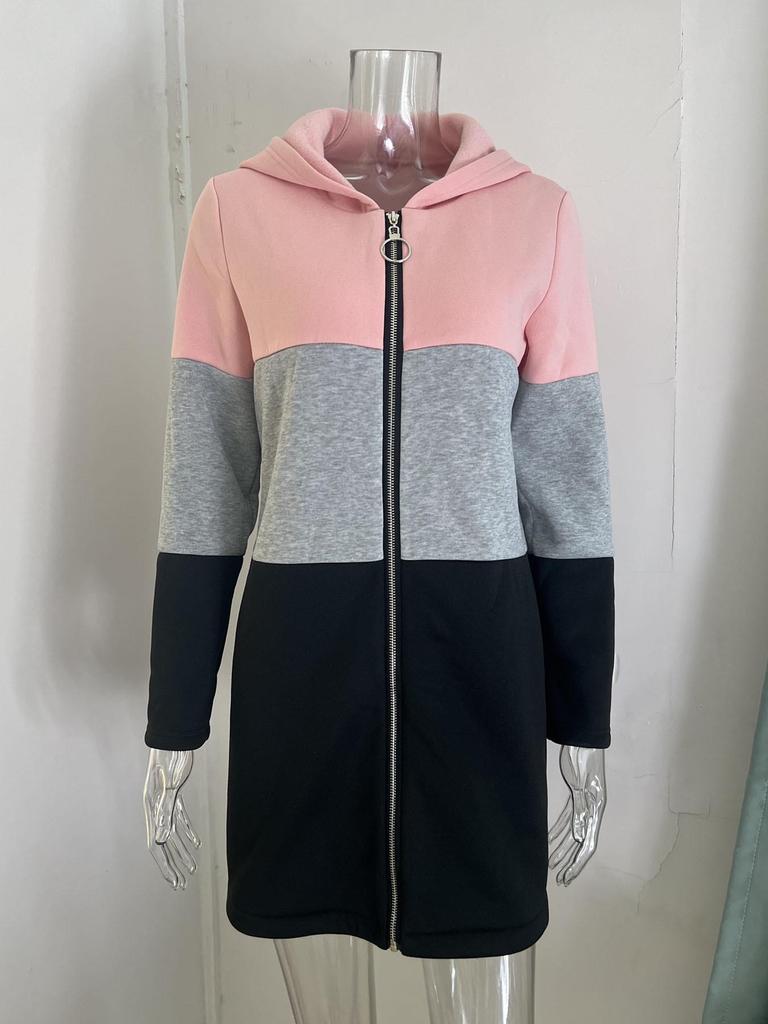 Women's Casual Color Block Hooded Jacket with Three-Color Splicing for Autumn/Winter