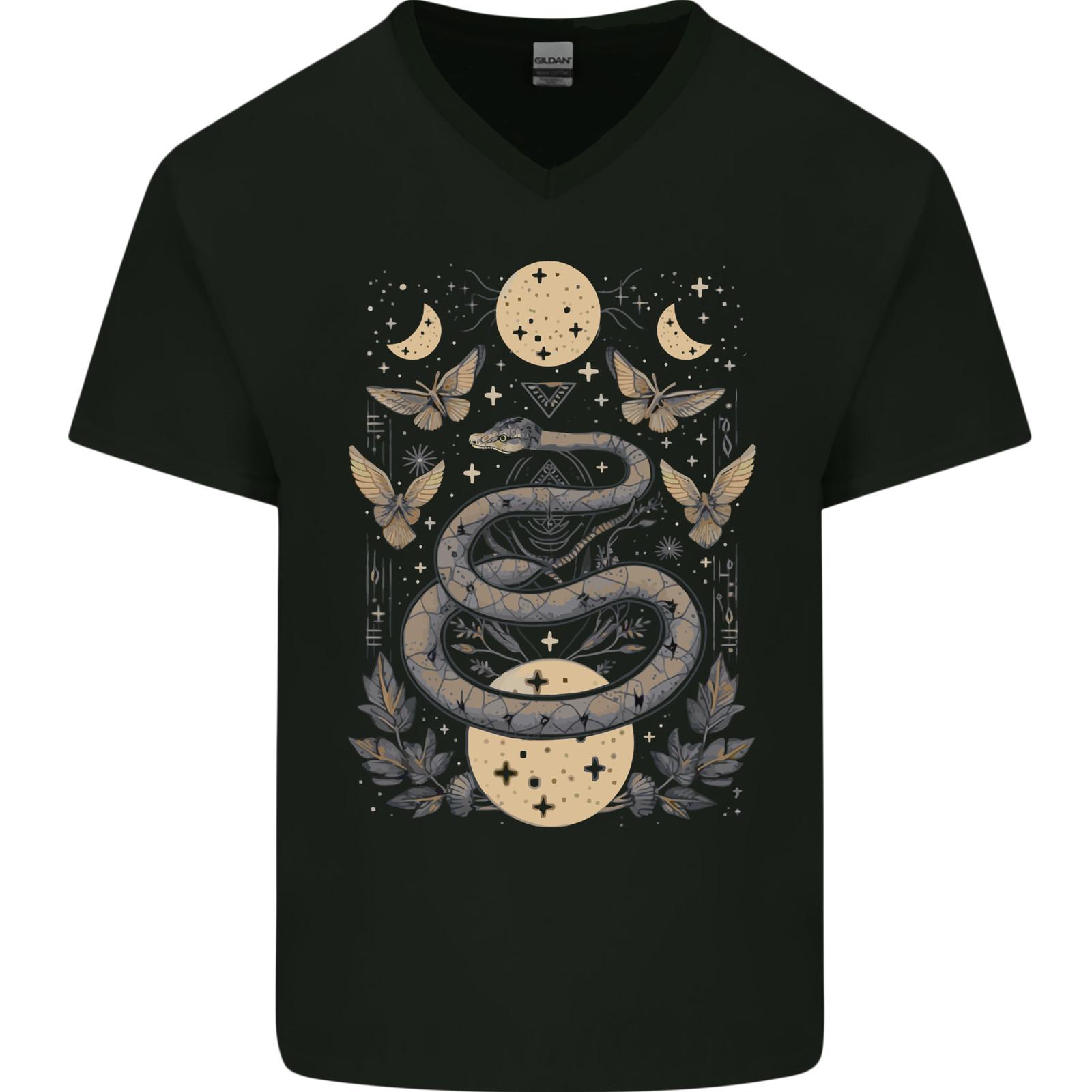 Celestial Snakes & Butterfies Pagan Earth Moon Mens V-Neck Cotton T-Shirt 4XL