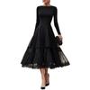 Elegant French Round Neck Solid Color Long Sleeve Mesh Panel Fit-and-Flare Dress Women