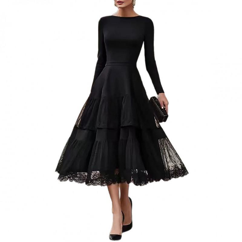 Elegant French Round Neck Solid Color Long Sleeve Mesh Panel Fit-and-Flare Dress Women