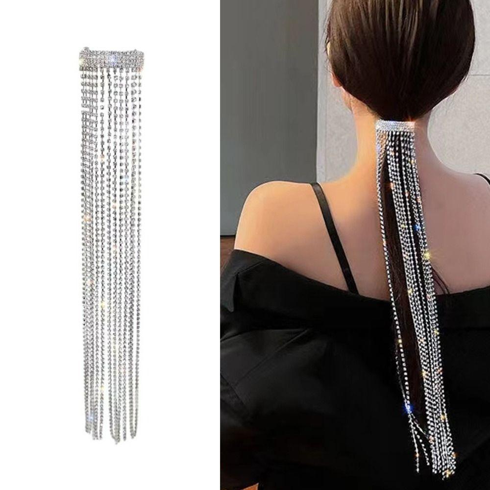 Long Tassel Sparkling Rhinestone Hairpins Silver-Color Geometric Metal Rhinestone Hair Accessory Full Rhinestone Hyperbole Desig