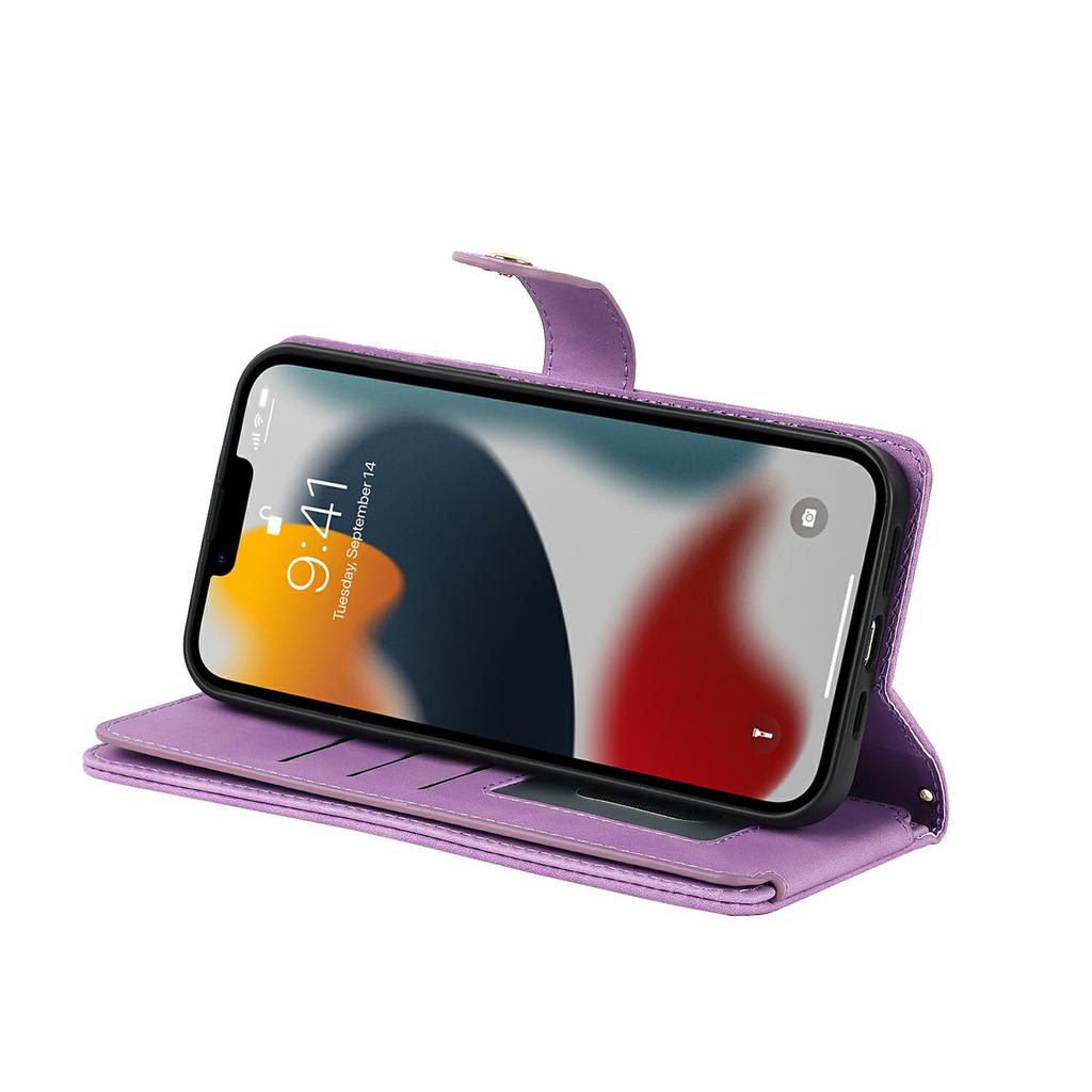 For iPhone 13 Pro Stand Case PU Leather Phone Cover with Straps/Zipper Wallet/Multiple Card Slots