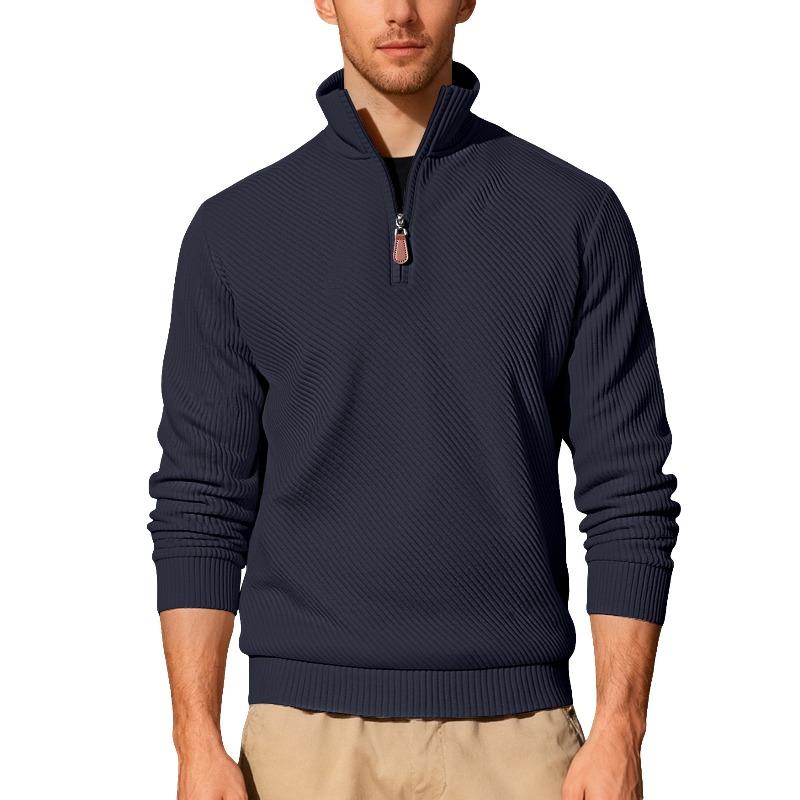 Men's Twill Jacquard Ribbed Half Zip Sweatshirt, Long Sleeve Stand Collar Sport Casual Trendy Pullover Hoodie for Autumn Winter