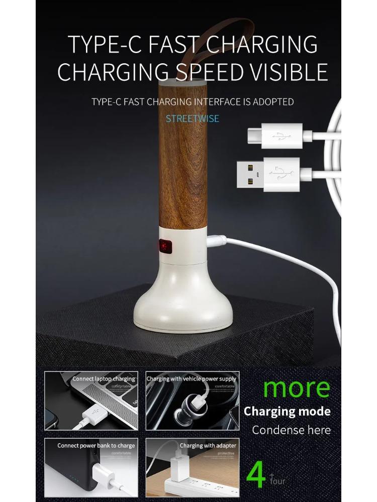 Powerful LED Strong Light Flashlight Aluminium Alloy Torch Imitation Wood Grain Built-in Battery Outdoor Waterproof Camping Lamp