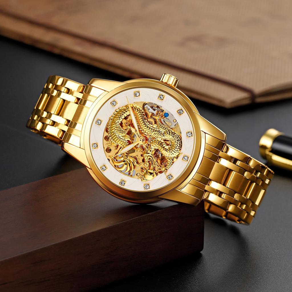 Ceasuri Dragon Aurii pentru Bărbați Ceas de Mână Impermeabil Bărbați Oțel Inoxidabil Ceas Mecanic Automat pentru Bărbați
