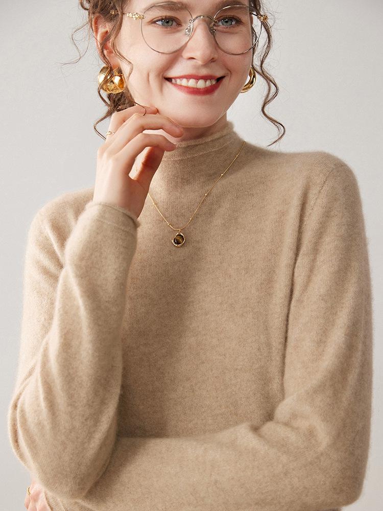 Ribbed Cashmere Half-High Neck Sweater - Women's Autumn/Winter Fashion Loose Knit Pullover