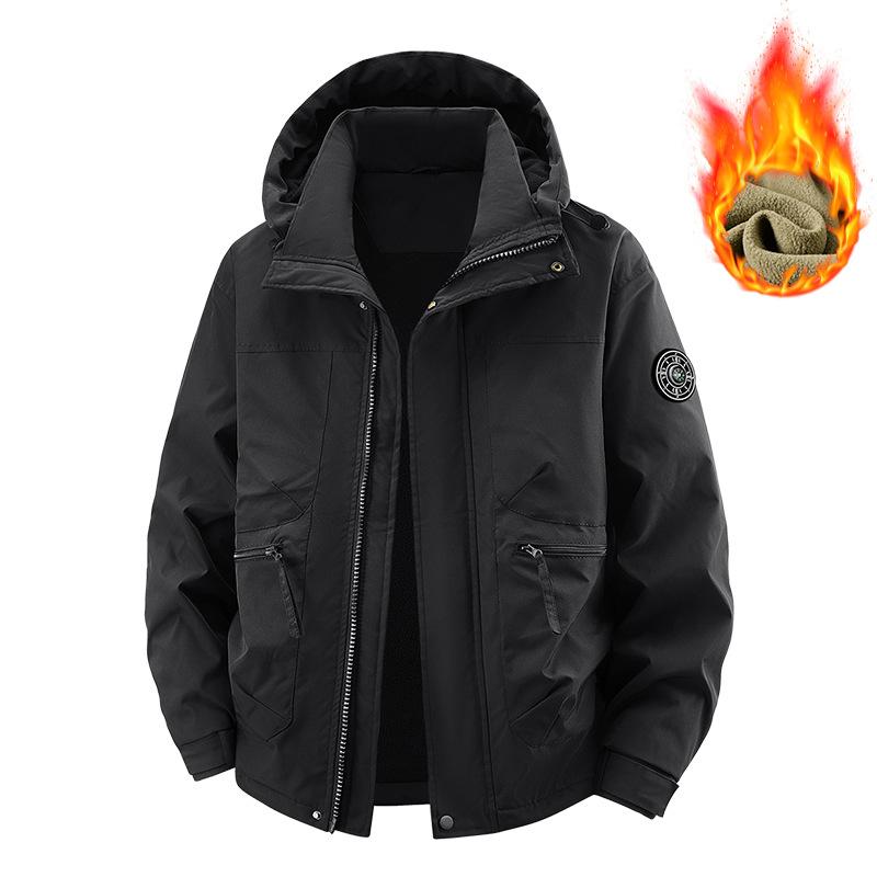 Men's Hooded Fleece Lined Jacket Thickened Warm Winter Coat Multi Pocket Casual Outerwear