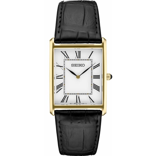 

SEIKO Square Gold Black Leather Men s Watch SWR052, Gold