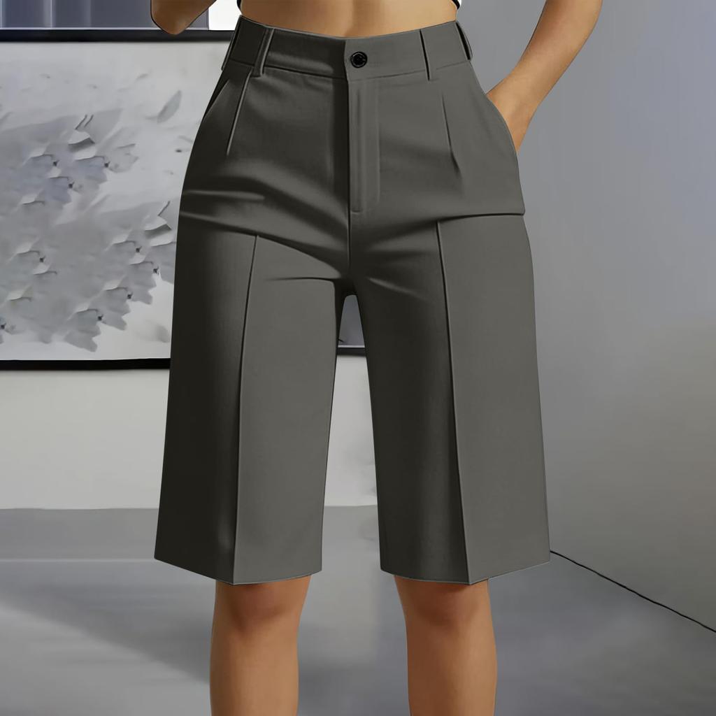 High Waist Straight Leg Bermuda Shorts for Women Casual Tailored Office Style Five Inch Length with Belt Loops and Front Pleats