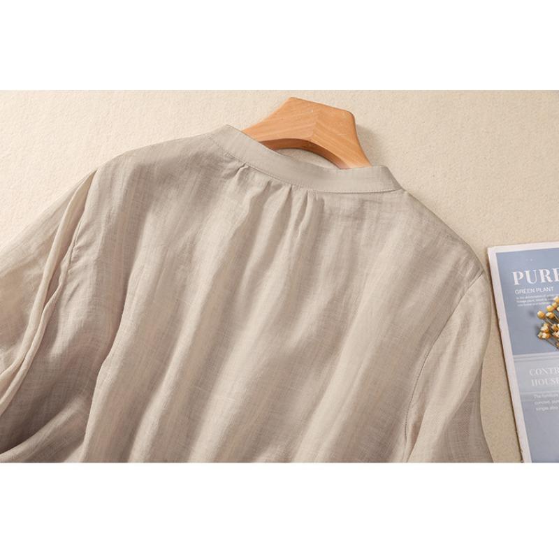 Summer Shirt Art Retro Loose Solid Color Stand Collar Short Sleeve Blouses Women's Shirt Top