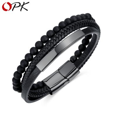 Fashion Titanium Steel Magnetic Buckle Retro Men's Multi-layer Woven Leather Bracelet