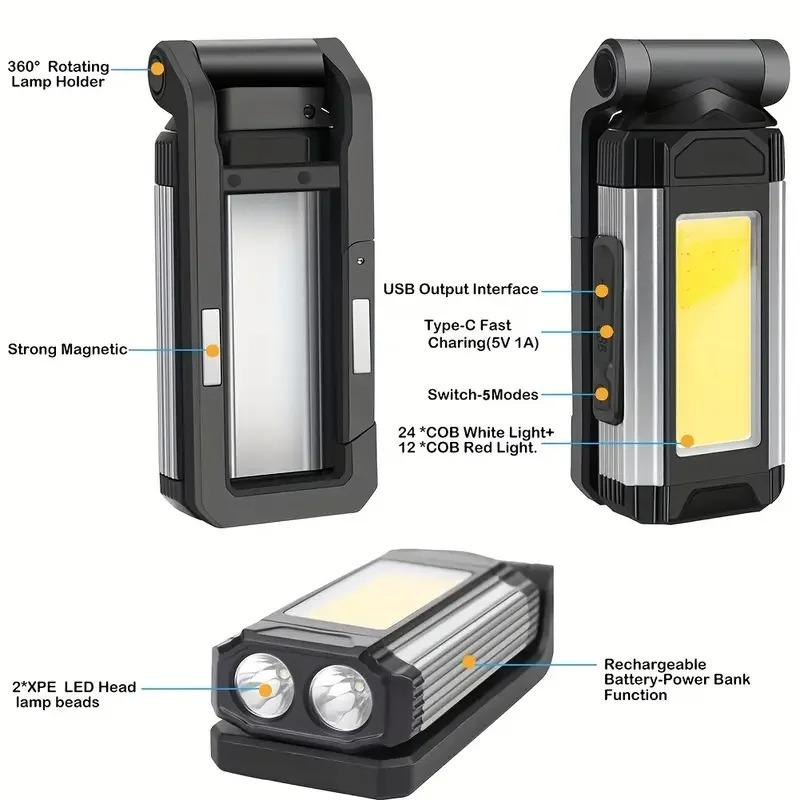 Super Bright Work Light COB LED Workshop Working Lamp USB Rechargeable Flashlight Portable Torch Light with Brackets