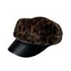New retro leopard print plush newsboy hat women's autumn and winter big head circumference showing face small peaked hat warm octagonal hat
