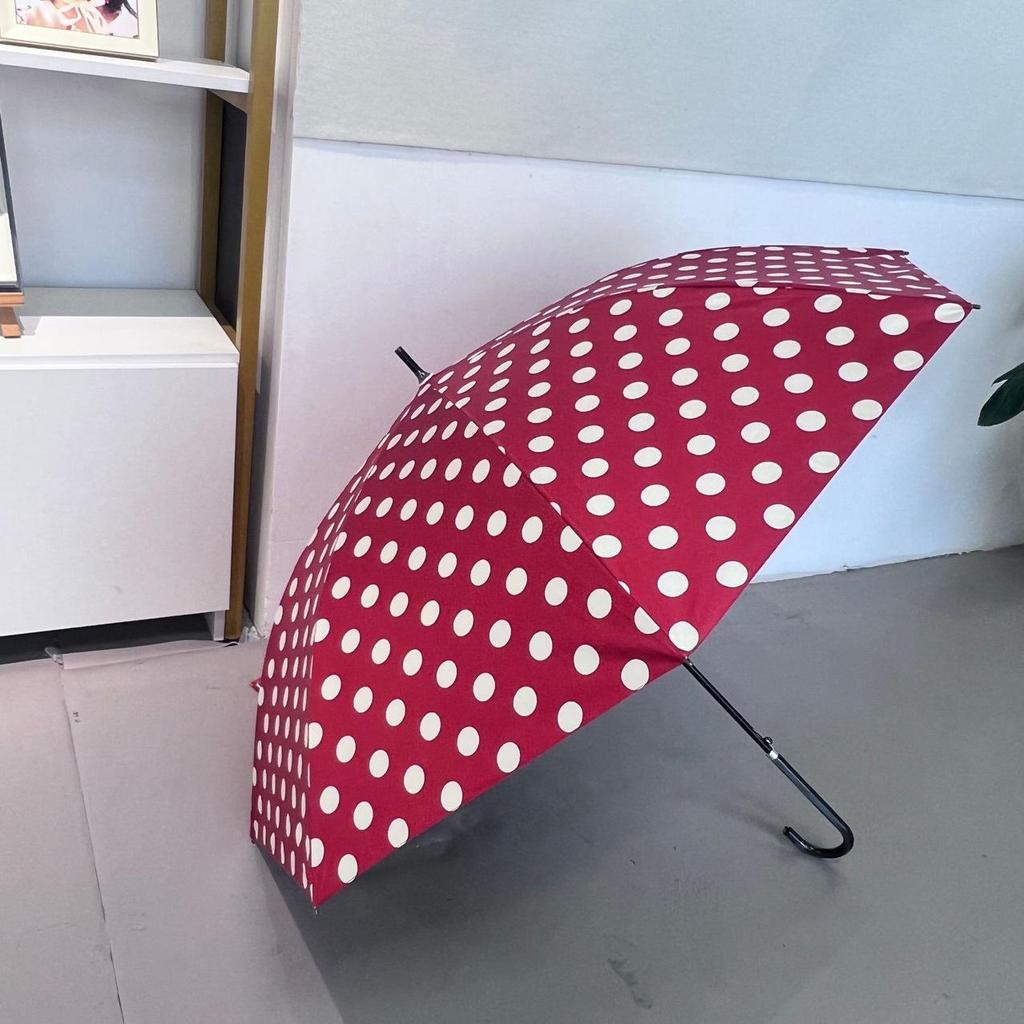 Korean Style Red Polka Dot Automatic Sun & Rain Umbrella – Windproof, Sun-Protective, 8 Ribs, Long Handle.