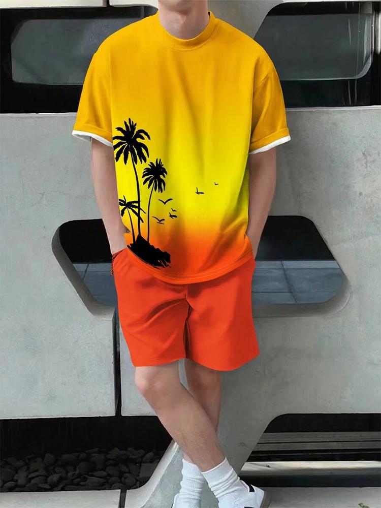 Hawaiian Beach Printed Summer Men's T-shirt Set Sportswear Men's Clothing Short Sleeve Shorts Set Men's T-shirt Set Lightweight