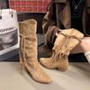 Cowhide version~ fringed wasteland wind summer boots female Merad Xinjiang thick heel knight boots stacking boots