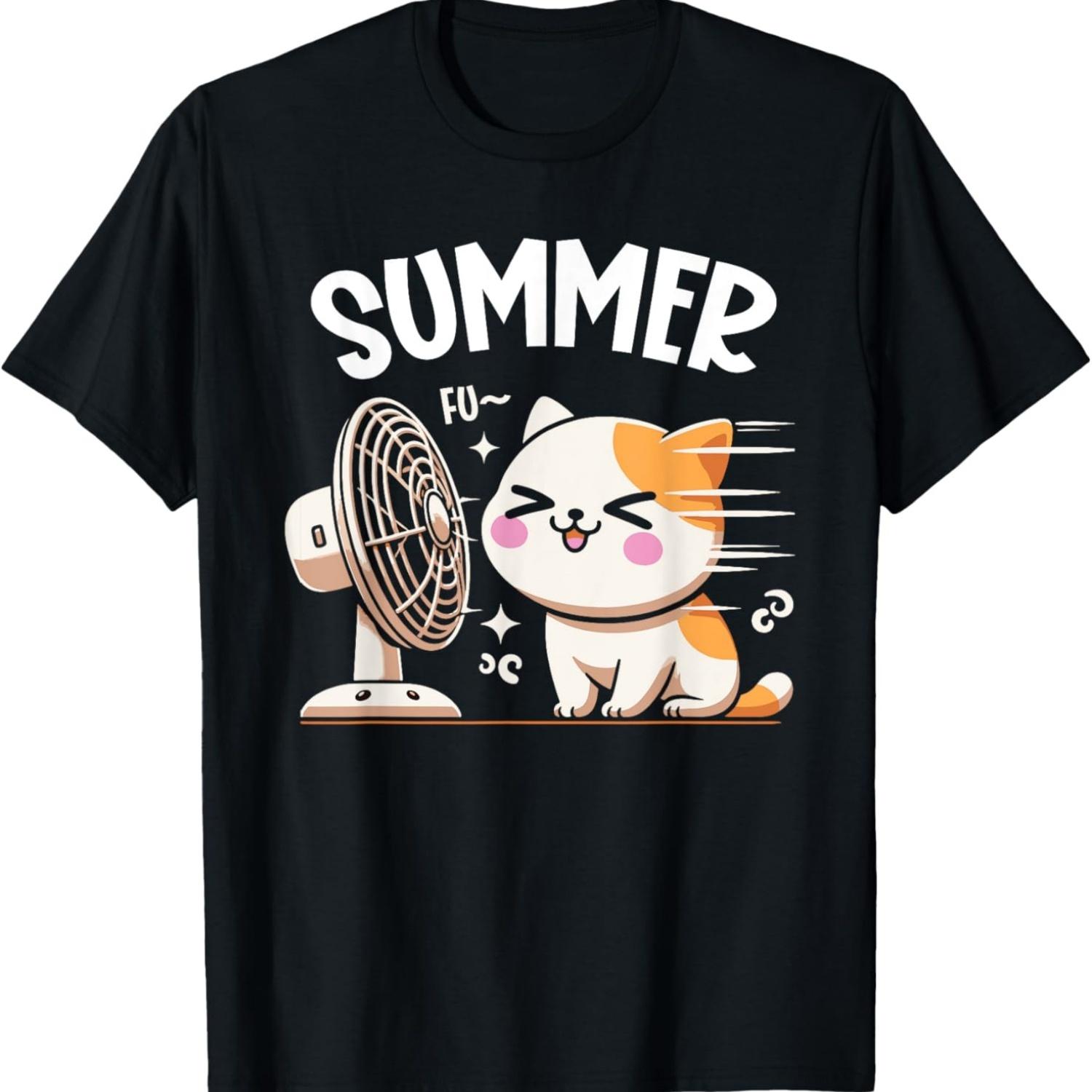 Cat Summer Fun Kitten Electric Fan Cat Memes T-Shirt S чёрный
