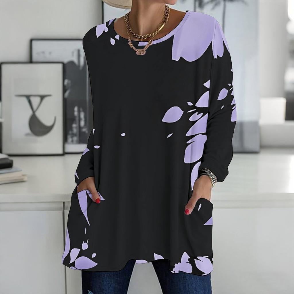 Ladies Round Neck Oversized Long Sleeve Shirt Soft Comfy Tops For Home Loungewear