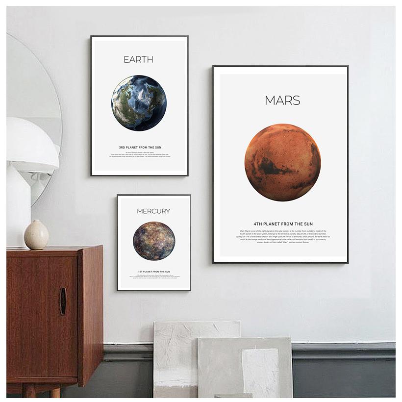Solar System Picture Planet Earth Moon Mars Poster Astronomy Space Wall Art Canvas Print Painting Nordic Kids Room Decoration