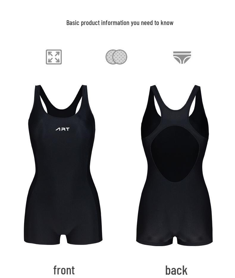 Women's Black Racing One-Piece Swimsuit with Concealing Briefs - Slimming, Conservative Swimwear for Slightly Overweight Women, Ideal for Pool Use