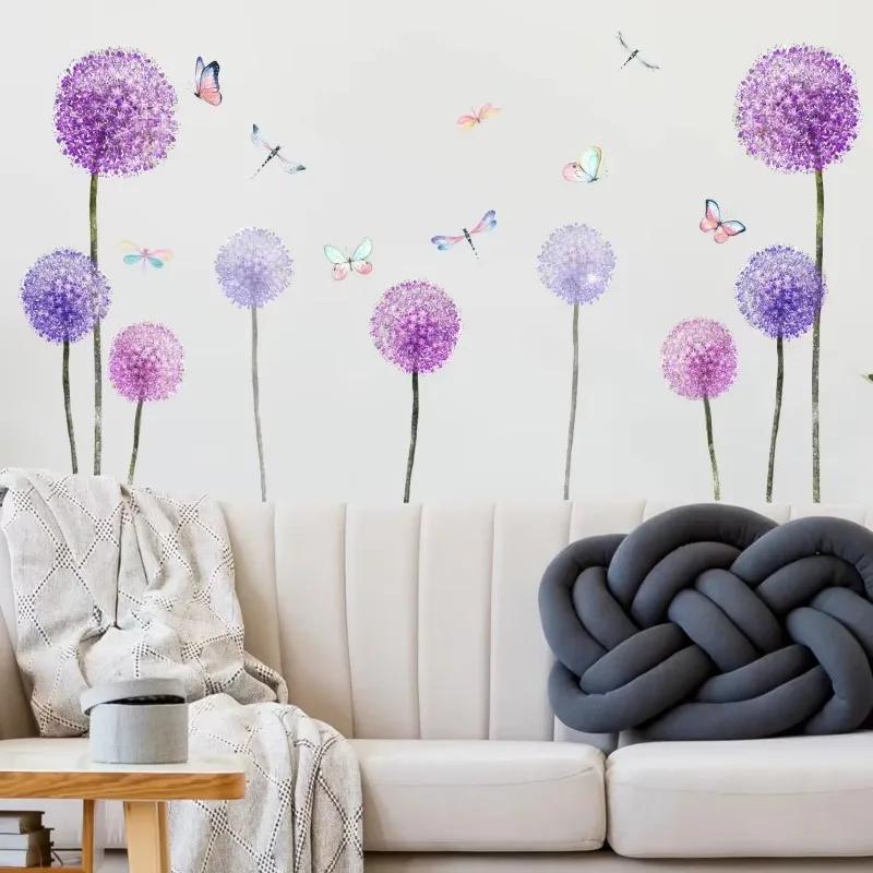 Purple Dandelion Butterfly Pattern Wall Stickers Home Decoration Stickers Accessories for Living Room Sofa Bedroom Background