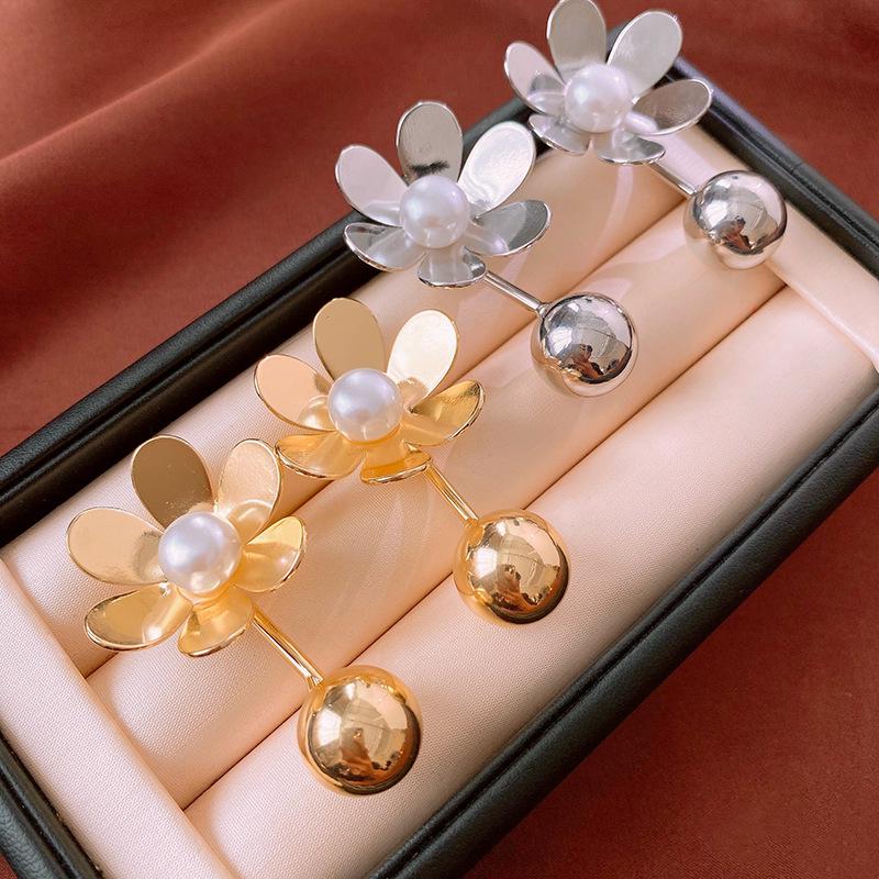 European & American Silver Needle Earrings with Faux Pearl & Metallic Floral Design