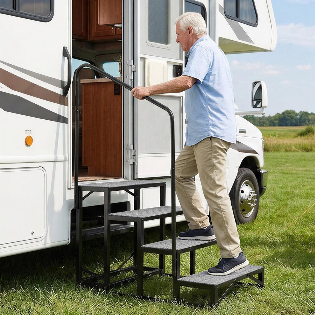 Marches pour camping-car avec main courante, 4 marches, capacité de charge de 300 kg, Marches robustes d'extérieur pour camping-car avec tapis antidérapant pour personnes âgées et animaux de compagnie, Marches portables pour chaud