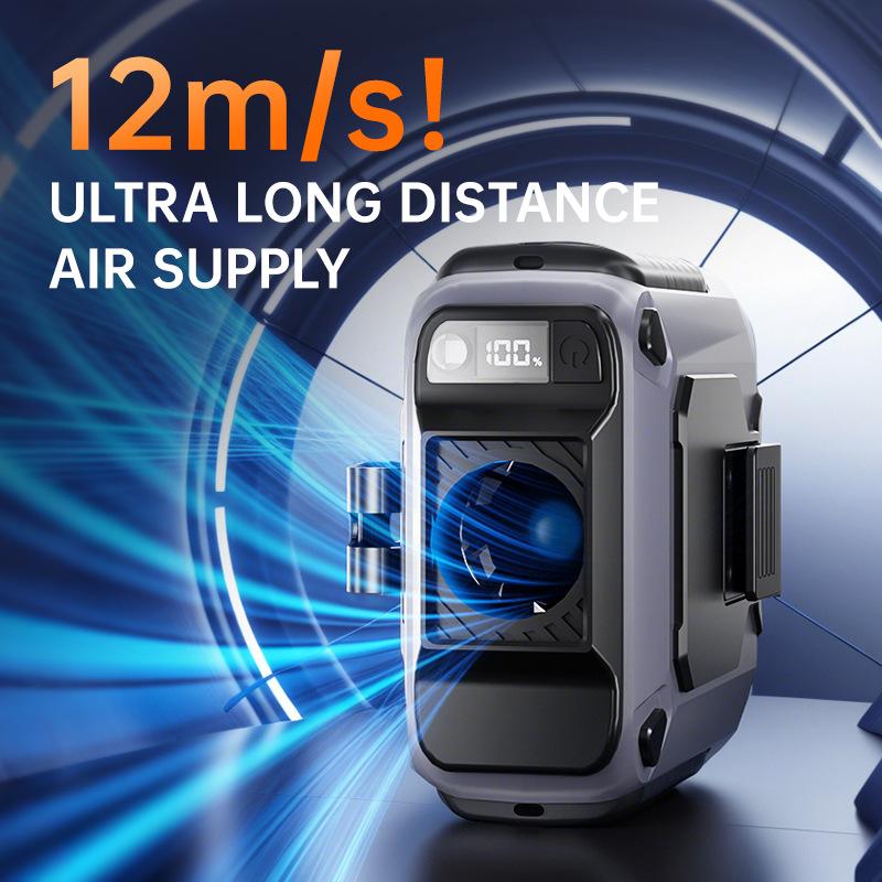 Waist Hanging Portable Fan USB Rechargeable, 3 Speed Adjustable Strong Wind, Emergency Light & Long Battery Life Outdoor Fan