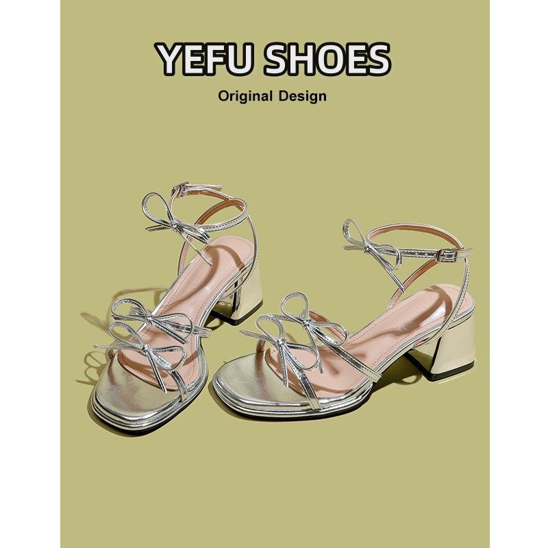 

High-heeled thick-heeled summer 2024 new square-headed open-toed one-word strap niche versatile bow sandals women 40 серебряный