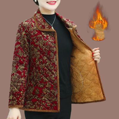 Herbst Winter Ältere Damen Warme Jacke Retro Revers Kurze Warme Jacke Bedruckte Gefütterte Wattierte Jacke
