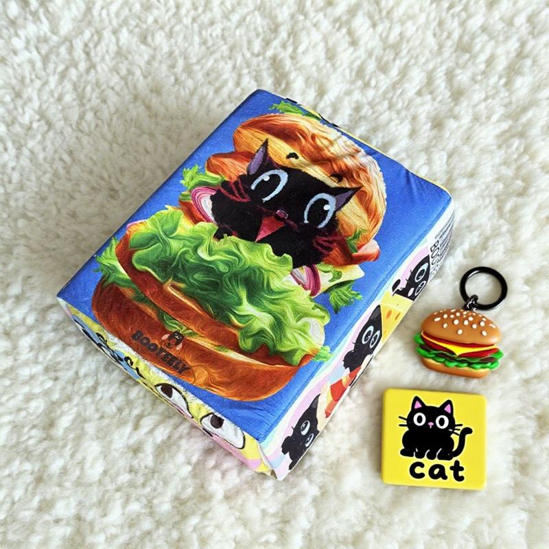 BOOTEELY Cartoon Hamburger Black Cat Snack Box Plush Cat Bed Spacious Cozy Pet Nest For Cats' Comfortable Rest With Cute Design