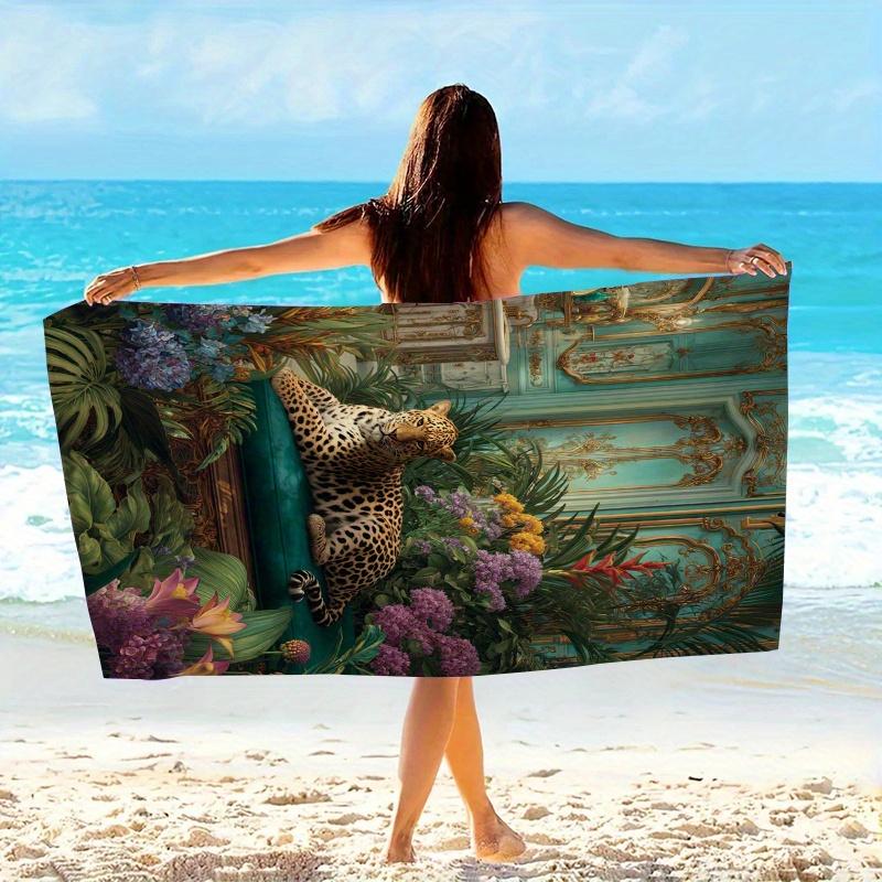 Leopard Themed Botanical Jungle Print Beach Towel, Soft Microfiber Unisex for Swimming Travel Camping
