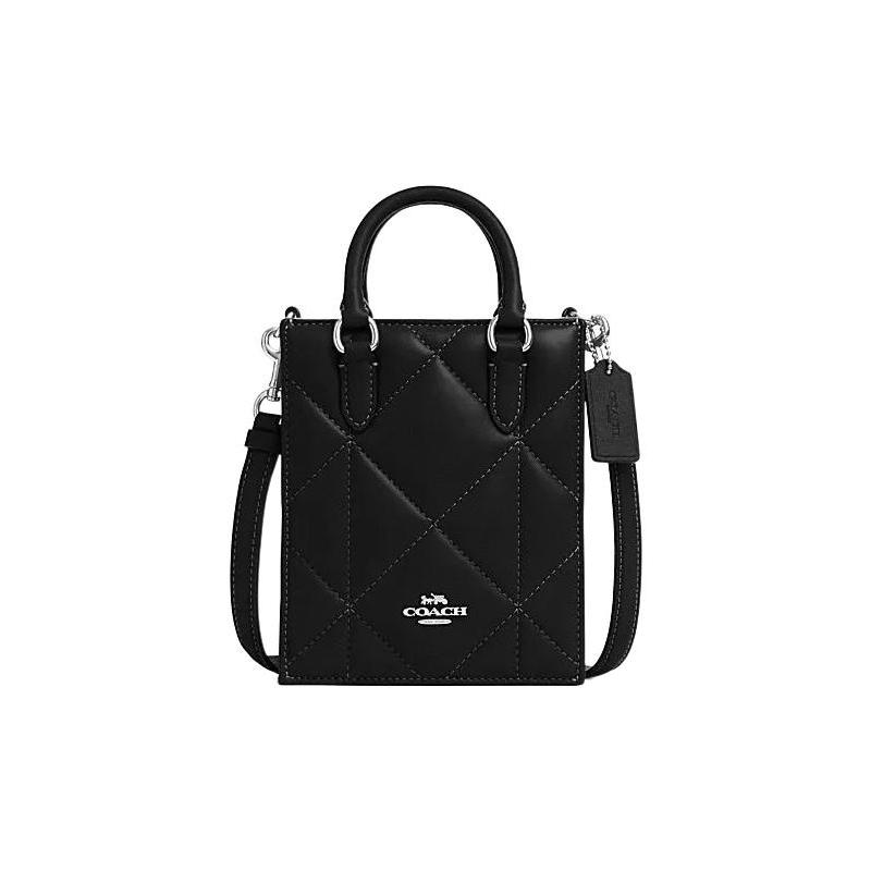

COACH handbag N/S 14 solid color logo logo diamond quilted sheepskin spelled cowhide accordion bag tote bag tote bag shopping bag hand-held shoulder чорний