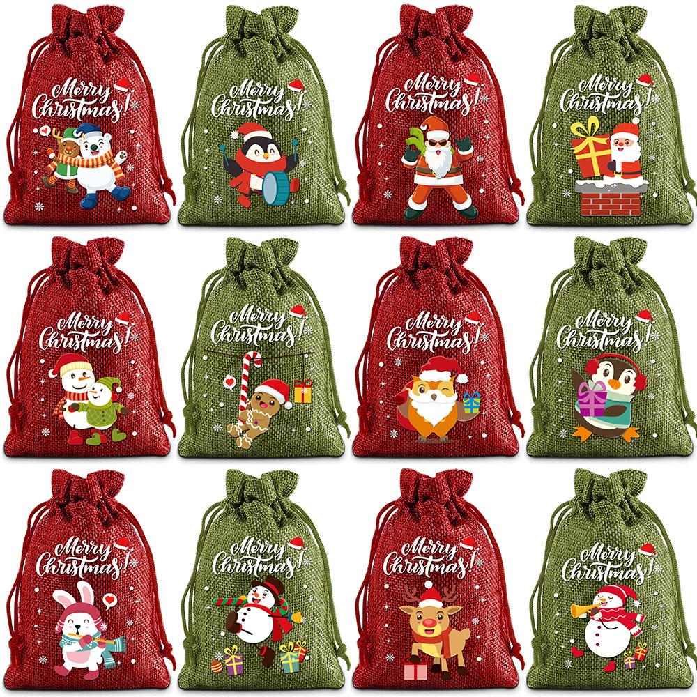 12pcs Christmas Linen Drawstring Bag Drawstring Bag Gift Bag Cloth Bag Christmas Gift Bag Set Drawstring Bag