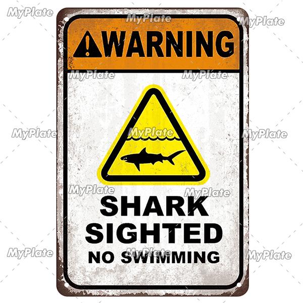[MyPlate] Vintage Varning Haj Hav Strand Poster Metallskylt Plåt Zinkskylt Vägg Hantverk Dekor För Hem Plakett