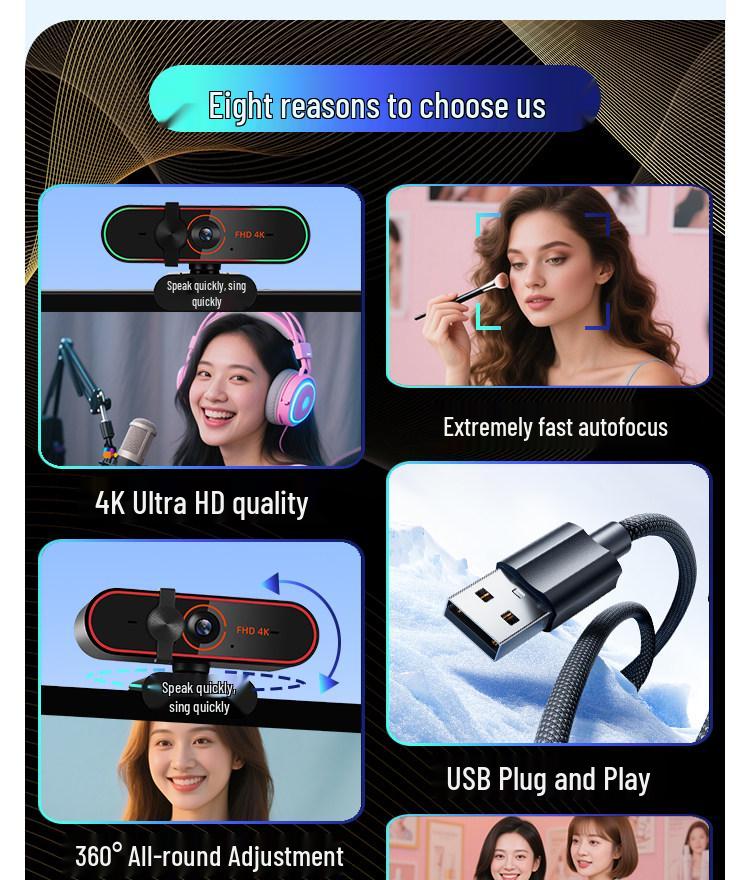 4K Ultra HD Live Streaming Webcam with Microphone for Computers and Laptops