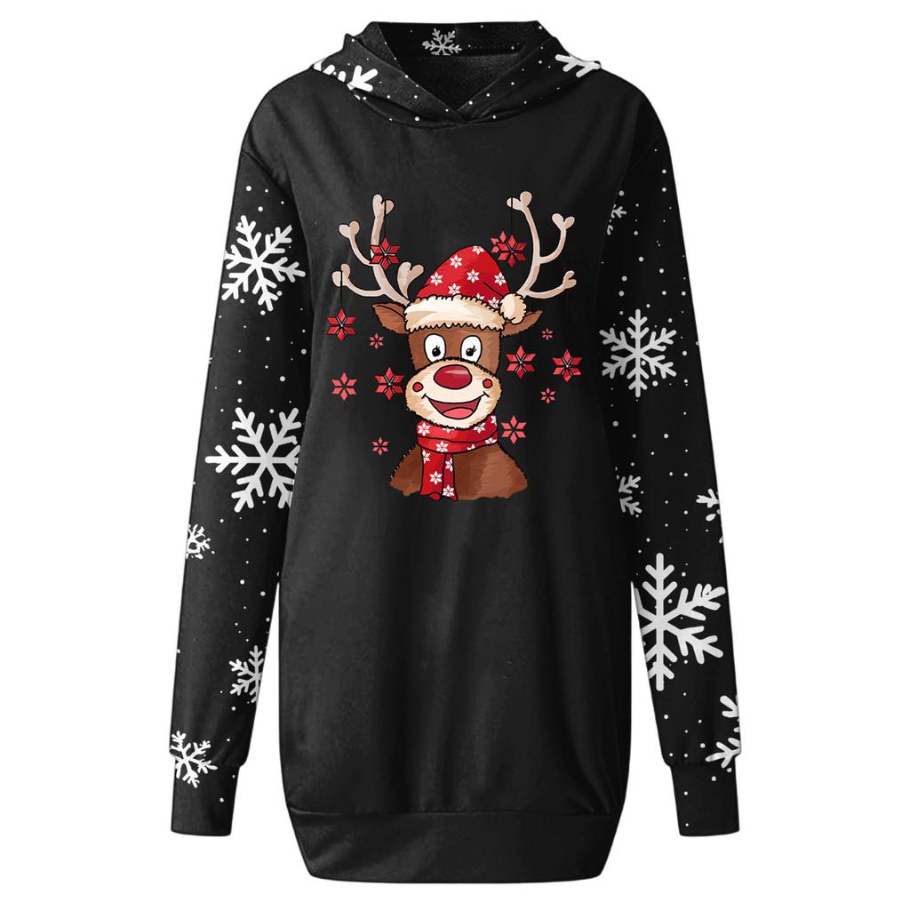 Women's Christmas Print Long-Sleeved Hooded Pocket Pullover Dress