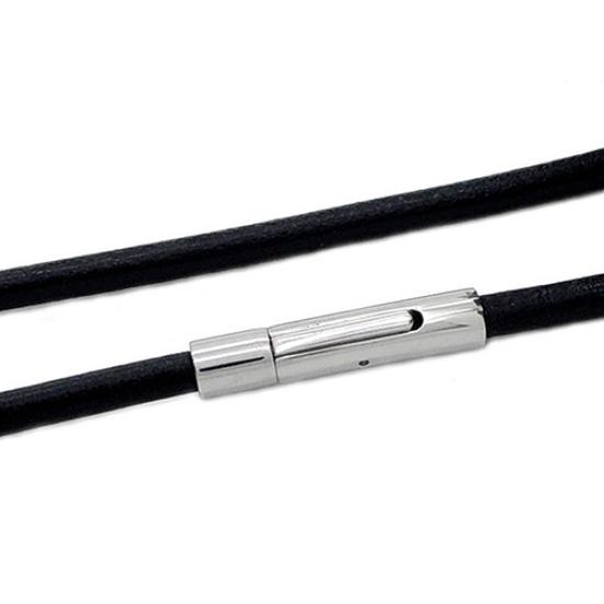 Mens Boys Faux Leather Cord Lock Necklace Stainless Steel Black Round Jewelry