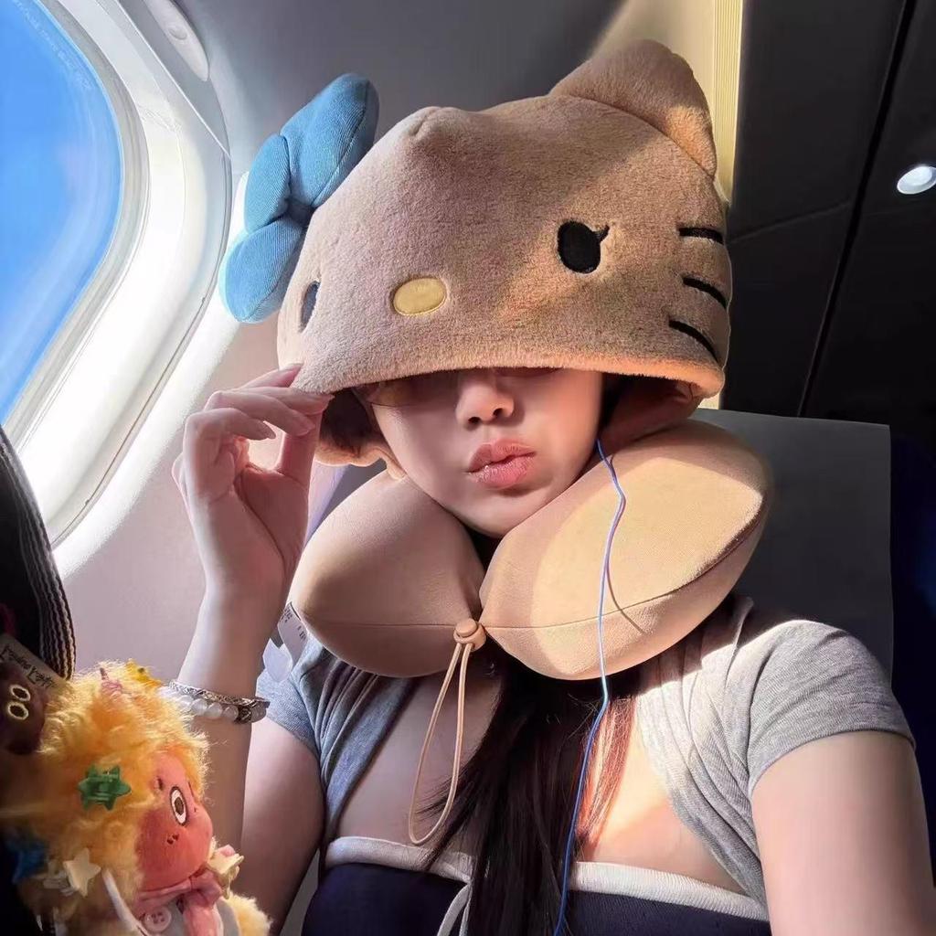Almofada de Suporte para Pescoço de Gatinho Fofo com Capuz - Encosto Sombreado para Viagem para Avião e Trem