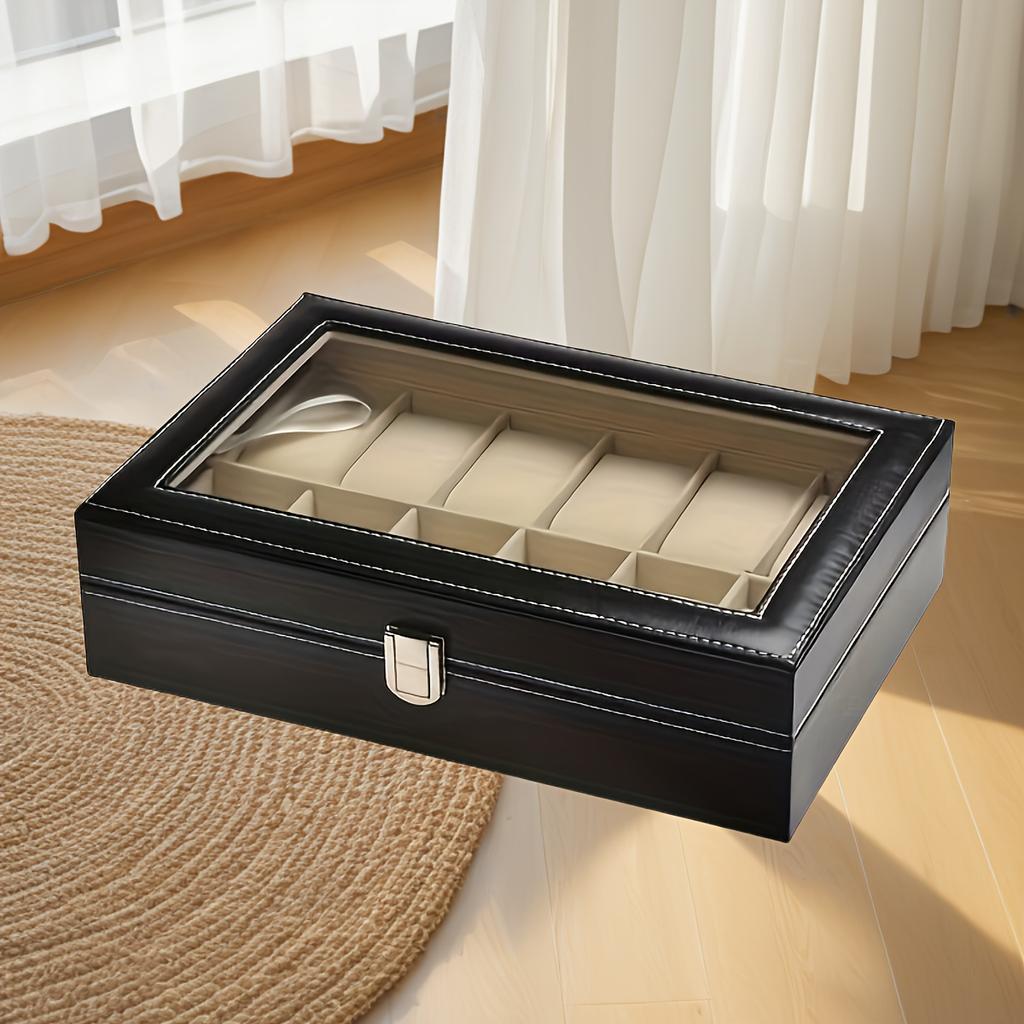 High-Value Faux Leather 12-Position Watch Storage Box Wristwatch Window Display Large Capacity with Lid Watch Box