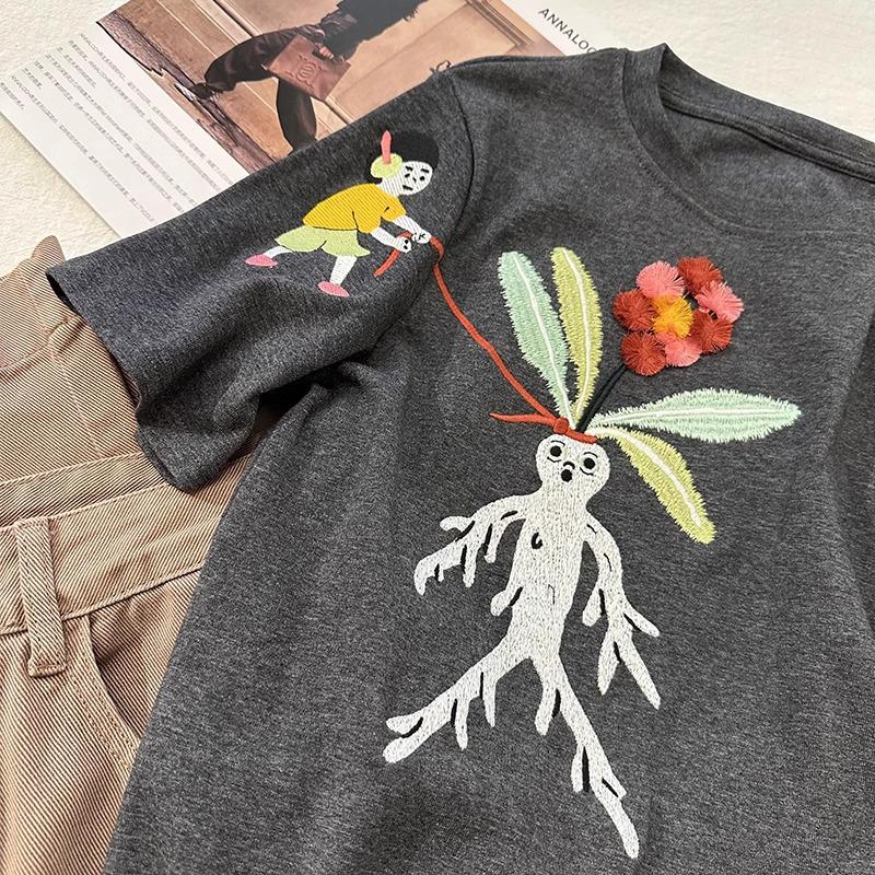 

New Spring/Summer Embroidered Round Neck Loose-Fit Women s T-Shirt L