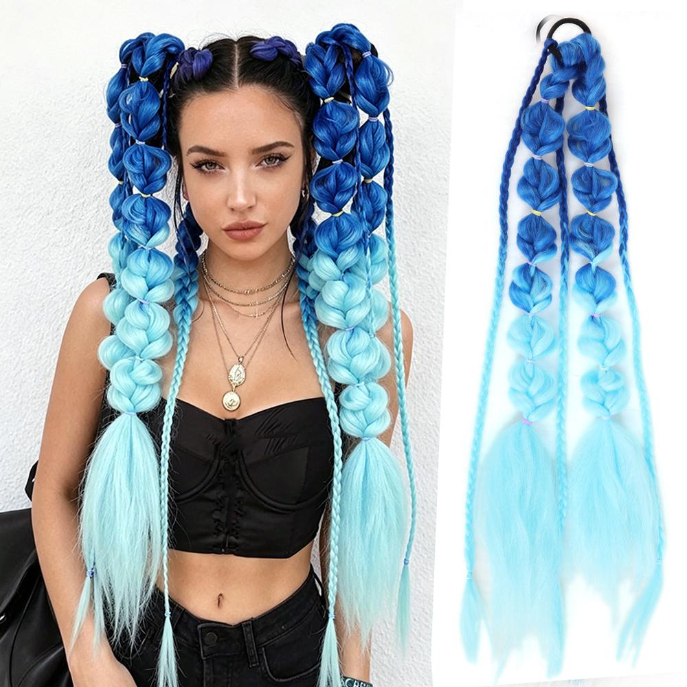 24 Inch Synthetic Gradient Corlorful Bubble Braids Ponytail Hair Extensions Rubber Band Style Hairpiece For Party Costume Halloween Wear