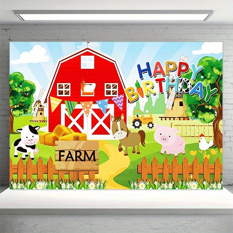 Bauernhaus-Tier-Holzzaun im Cartoon-Stil - Geburtstagsparty-Zubehör - Polyesterstoff-Fotohintergrund und Party-Banner