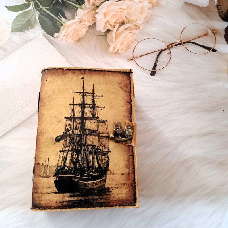 Ship Leather Journal Vintage look Boat Printed Leather dairy, Notebook, Dream journal, writing journal, deckle page sketchbook journal.